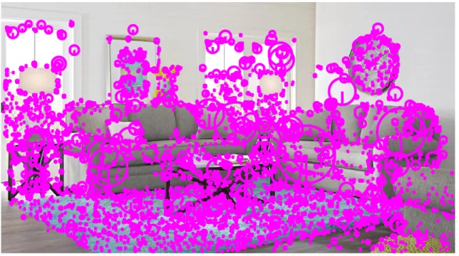 Figure 1.7: An example of a living room scene and some of the detected Harris Laplacian interest points.