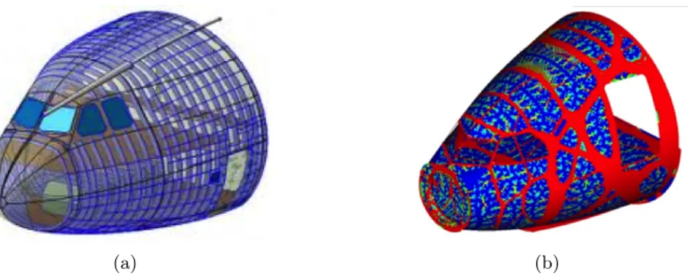 Figure 1: Classical optimization of the design of a metallic aircraft nose fuselage. (a): Traditional configuration with horizontal and vertical stiffeners