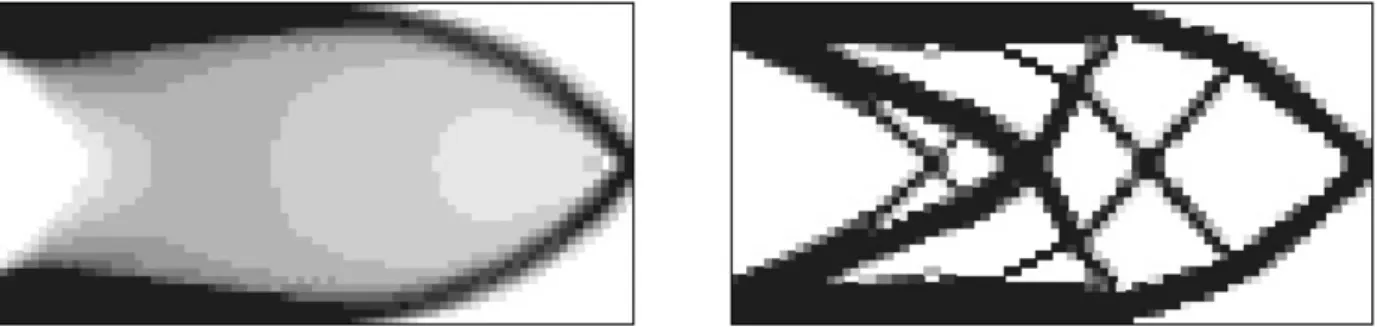 Figure 1.2: Left: density distribution of a composite optimal shape; right: penalized optimal shape (figure extracted from [4]).