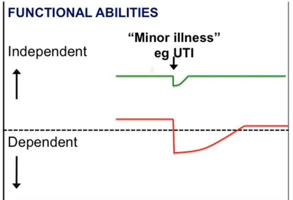 Figure 1: Impact d’un problème de santé mineur sur les capacités fonctionnelles  d’une personne âgée robuste (ligne verte) et fragile (ligne rouge)