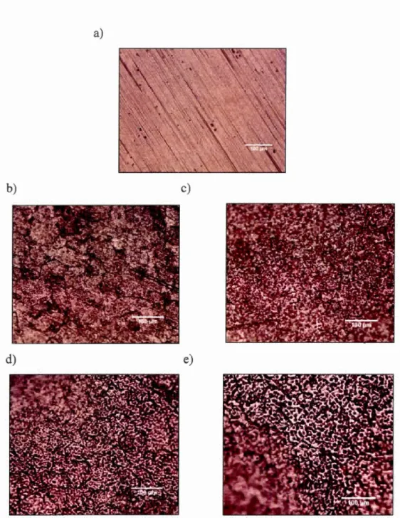 Figure 3.  4  :  Images par microscopie optique des  échantillons  de cuivre  après  la  réaction  CVD  :a)  le méthane  (pour  comparaison)  et  le nitrométhane ,  b)  10 ,  c) 20 ,  d) 