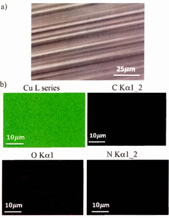 Figure  3.  8  : a)  Image MEB. B)  Cartographie EDS  d ' un  échantillon  de  cuivre avant  la  réaction  CVD 