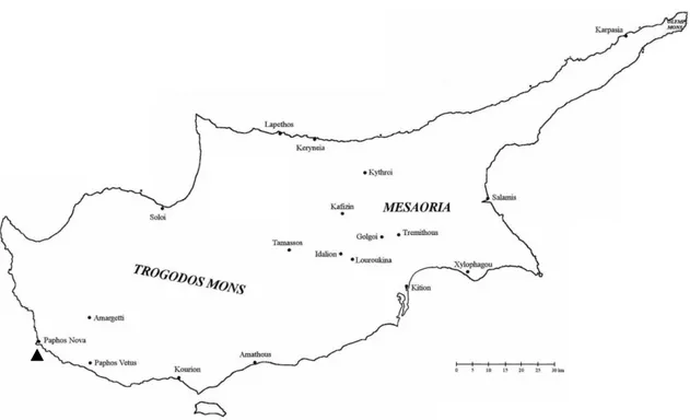 Figure 1 - Carte géographique de Chypre et localisation de Néa Paphos (d’après T. Fujii  2013, p