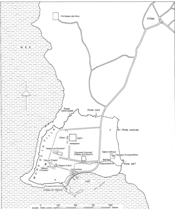 Figure 2 - Carte archéologique de Néa Paphos et la localisation de l’amphithéâtre (A) et du  théâtre (T) (d’après Daszewski et Michaelides 1989, fig