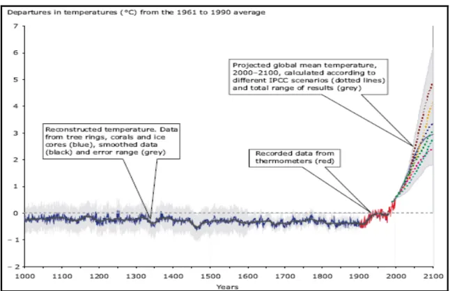 Figure  3.1. Reconstructed, measured and projected temperature in Northern hemisphere
