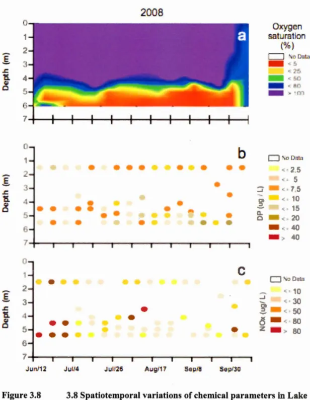 Figure 3.8  3.8 Spatiotemporal variations of chemical parameters  in  Lake  Bromont from  late spring to earl y  faU  of 2008 