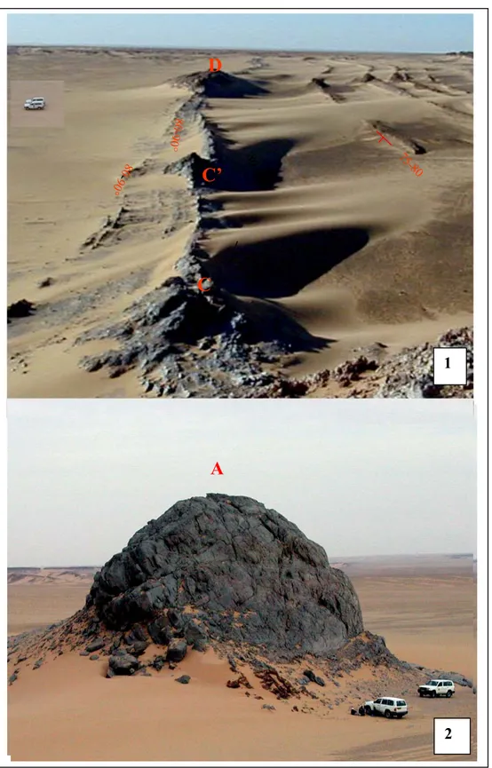 Fig. IV.2 – Dans la région d’Akabli : Photo 1 : Vue panoramique des mud- mud-mounds C, C’, D ; Photo 2 : Vue panoramique du mud-mound A  