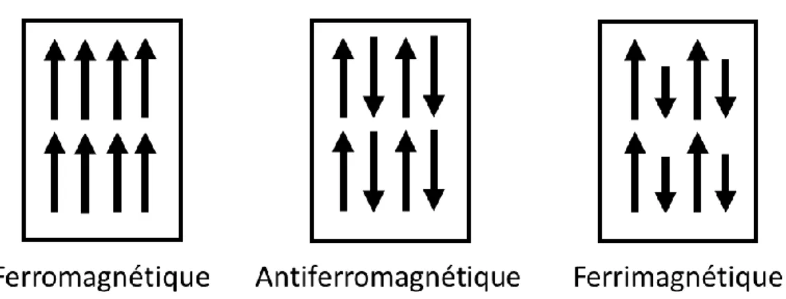 Figure  16 :  Présentation  de  l’orientation  des  moments  magnétiques  dans  les  différents  ordres  magnétiques permanents