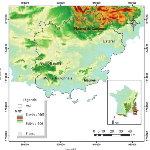 Figure 11. Localisation et représentation topographique du département du Var et de ses  principaux massifs