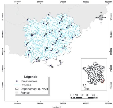 Figure 17. Localisation des 30 pluviomètres dans le département du Var.98765432130282726252423222120191817161514131211108600008600009000009000009400009400009800009800001020000102000017500001750000178000017800001810000181000018400001840000187000018700000510