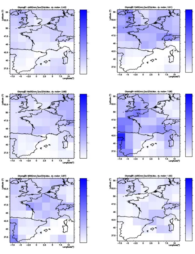 Figure  3-1 : Champs de précipitation totale (ERA40) simulés par le GCM pour les mois de Janvier à Juin