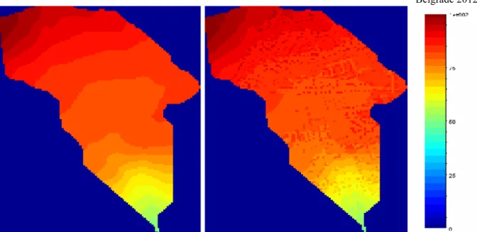 Figure 2: Example of raw elevation input data (left) and the modified elevation (right) for the Villecresnes study