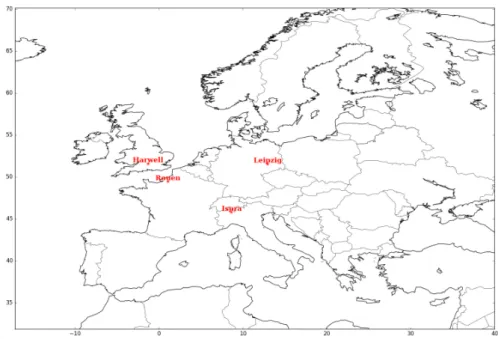 Figure 3.1 – Eurodelta-Trend modeling domain in regular longitude/latitude, and localization of the measurement stations used to evaluate modeled OC.