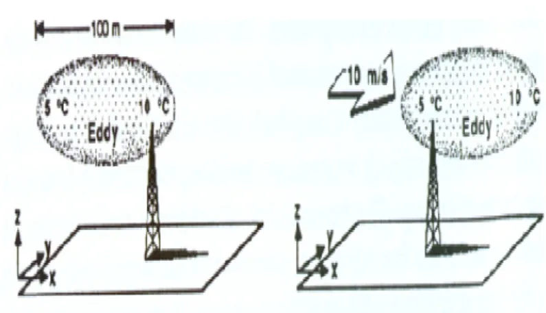 Figure 1.4: Sch´ ema illustrant l’hypoth` ese de Taylor. Une structure tourbillon- tourbillon-naire advect´ ee par le vent
