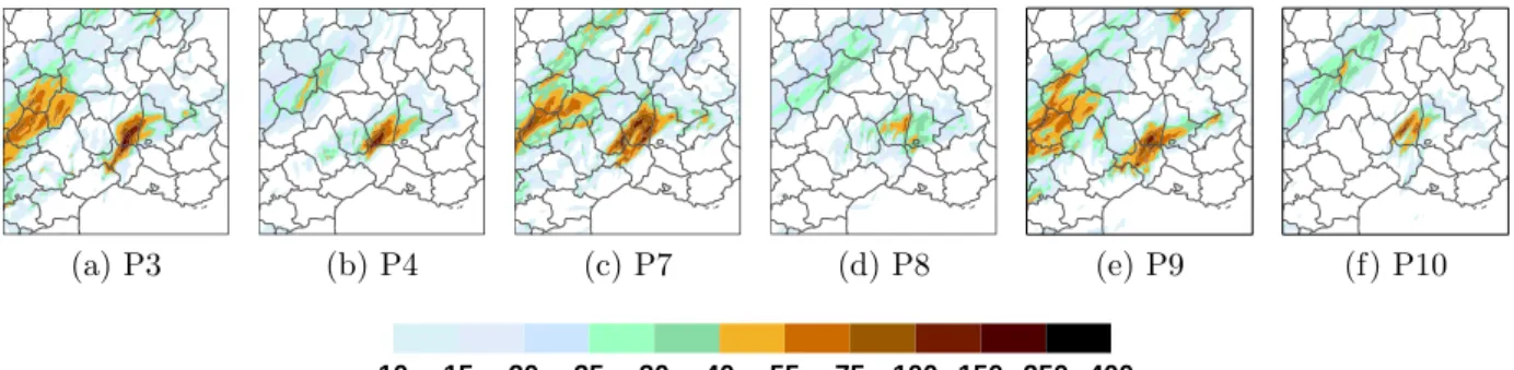 FIG. 4.13 : Pr´ecipitations (mm) cumul´ees sur 12 h, `a 06 UTC le 7 septembre 2010, pour 6 pr´ evisions de l’ensemble PERTOBS-SEL.