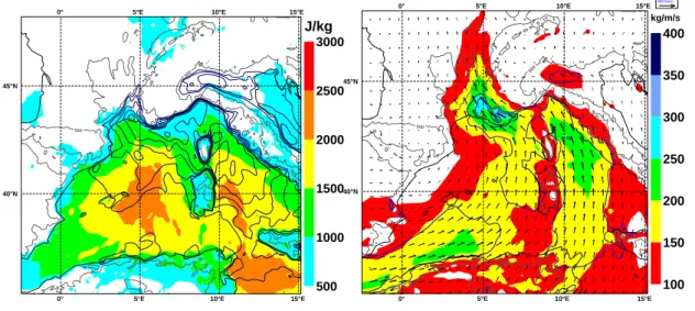 FIG. 1.6 : Analyse composite pour les HPE de plus de 36h entre 2002 et 2006. Gauche : CAPE (J.kg −1 ) et eau pr´ ecipitable (contours tous les mm au dessus de 29 mm) ; Droite : flux d’humidit´ e int´ egr´ e de 700 ` a 1000 hPa (fl` eches et couleur, kg.m −