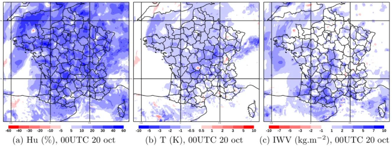 FIG. 4.7 : Diff´erences des analyses (a) d’humidit´e relative (%), (b) de temp´erature (K) et (c) de vapeur d’eau int´ egr´ ee (kg.m −2 ) ` a 950 hPa des membres 3 et 4 de PERTOBS-SEL, apr` es trois analyses.