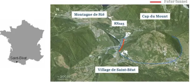 Figure 1 - Localisation du village de Saint Béat et de l’axe de la solution de déviation choisie