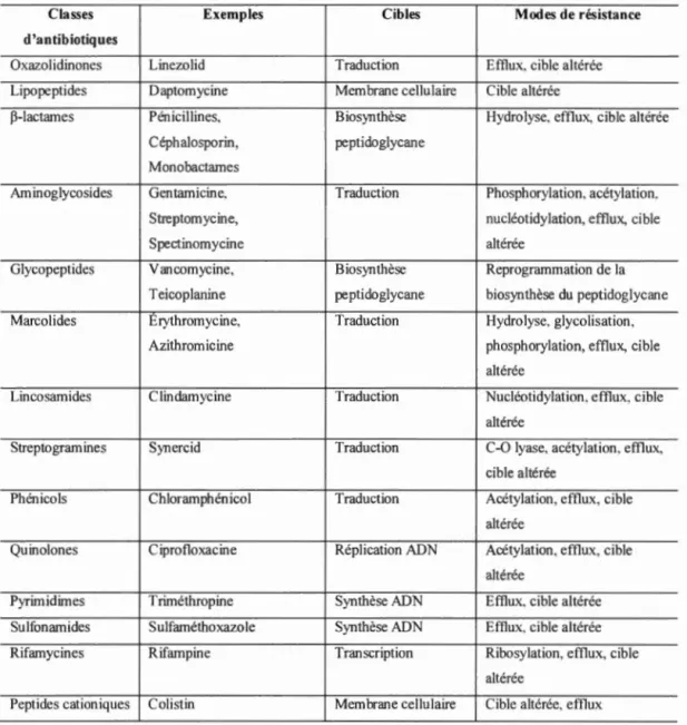 Tableau  1.1  Illu s tration  des principale s  classes  d ' antibiotiques et  des modes de 