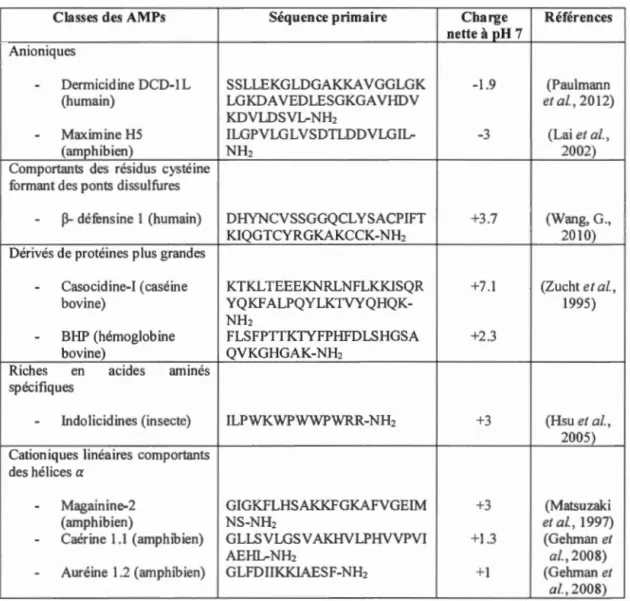 Tableau  1.2  Classification des AMPs en fonction  de  leur structure 