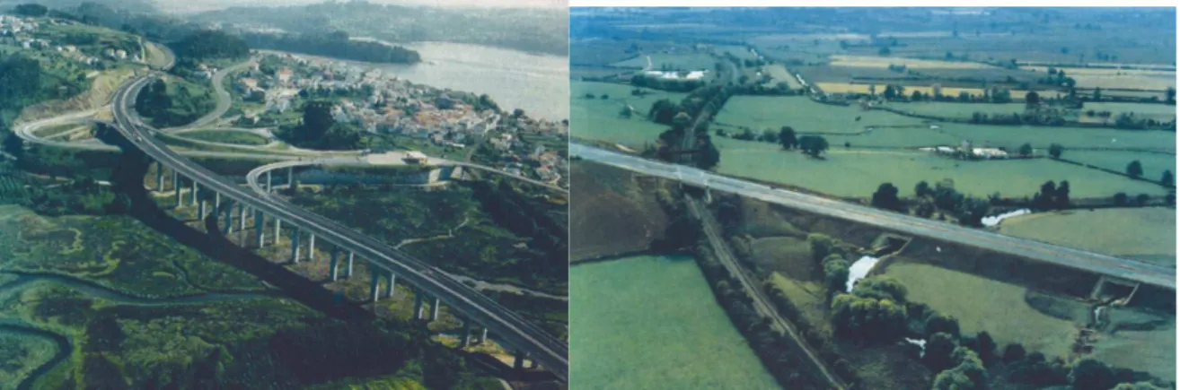 Figure 3.2  Photos  comparant  une  structure  (Espagne)  et  un  remblai  (Royaume-Uni)  pour traverser le fond d’une vallée