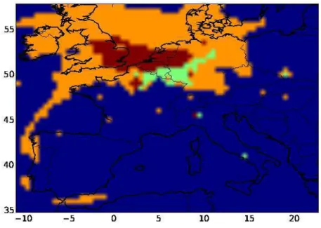 Figure 2.3: NO x -VOC sensitivity distributions over Europe in this study (15 July - 15 August
