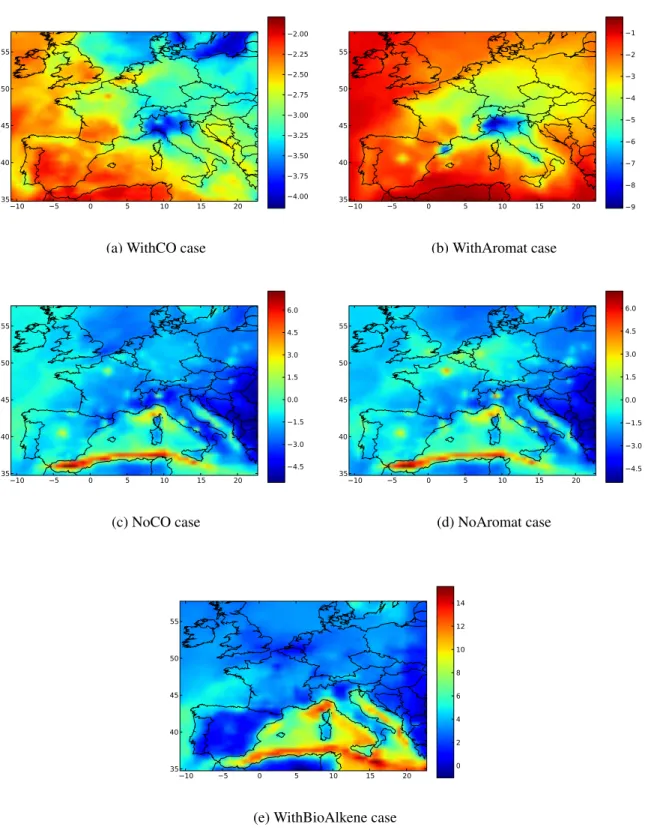 Figure 2.7: Differences in monthly-averaged daily maximum 8-h average ozone concentration (ppb) between CB05 and RACM2 for five emission scenario cases: (a) CO, method 2; (b) aromatics, method 2; (c) CO, method 1; (d) aromatics, method 1; (e) biogenic alke