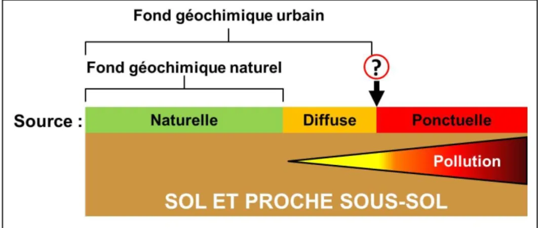 Figure 5: Schéma conceptuel du Fond Pédo-Géochimique naturel et urbain (modifié d’après Le  Guern, communication personnelle)