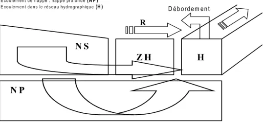 Fig. Ci. II. 1 : Principaux termes du bilan hydrique à l’échelle d’une zone humide de fond de vallon   (D’après Durand et al., 2000)