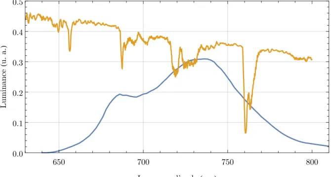 Figure 1.9 – Spectre de la fluorescence d’une feuille simulée avec le modèle Fluormodleaf (en bleu ) et spectre de la luminance solaire arrivant au niveau du sol simulée avec le modèle Modtran et résolue au dixième de nanomètre (en orange )
