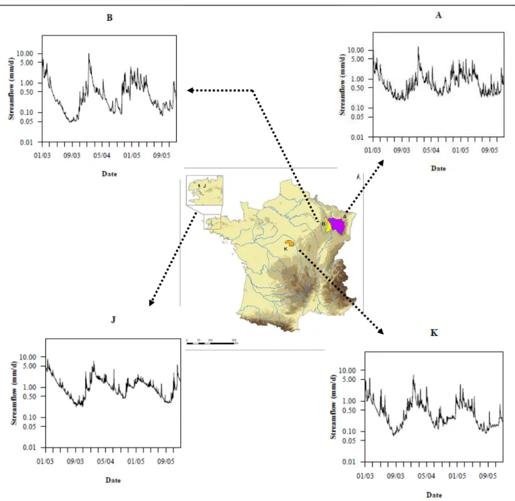 Figure 2.3: Illustration of location of sample catchments and their daily flow hydrographs from  2003 to 2005  