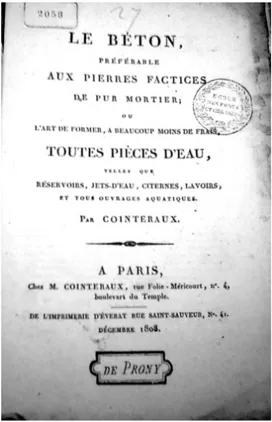 Figure 3 : Photos du guide technique de 1808 « Béton préférable aux pierres factices de pur mortier pour  toutes pièces d’eau telles que réservoirs, jets d’eau, citernes, lavoirs »  