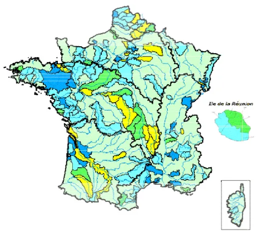 Figure 5 : Carte des SAGE : en bleue les SAGE approuvés, en turquoise les SAGE en élaboration, en vert  les SAGE avec un périmètre approuvé, en vert clair le territoire sans SAGE