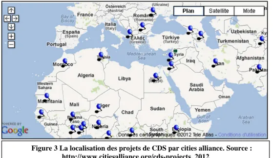 Figure 3 La localisation des projets de CDS par cities alliance. Source :  http://www.citiesalliance.org/cds-projects, 2012 