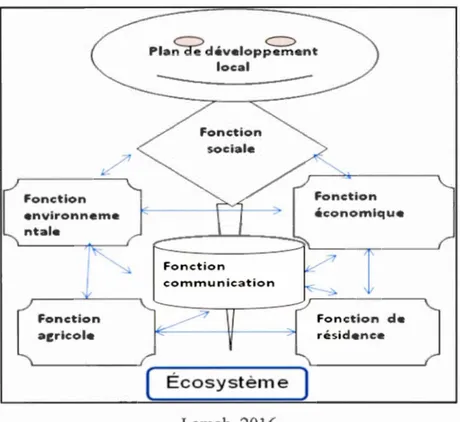 Figure 2.  Cadre théoriqu e d ' ana l yse  de  l a dynamique des OPs  Fonction  environneme  nt  ale  Fonction  ar;ricole  Pla~  dévelop~ent local ------Fonction sociale  (  Écosystème  )  Lamah , 201 6  Fonction  de résidence 