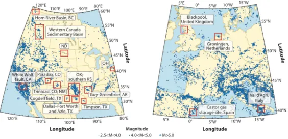 Figure 1.2 – Locations of some induced earthquakes since 2006 and up to 2017 for the United States and Canada (left panel) and Europe (right panel), ( Keranen and Weingarten, 2018 )