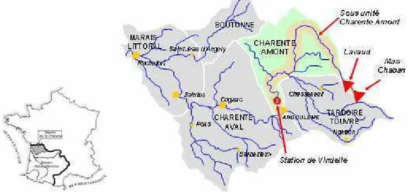 Figure 1.9 - Localisation du bassin versant de la Charente et de la zone de la Charente  amont (Loubier et al., 2007) 