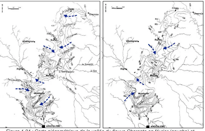 Figure 1.24 : Carte piézométrique de la vallée du fleuve Charente en février (gauche) et  septembre 1996 (droite) (Thinon-Larminach, 2000) 