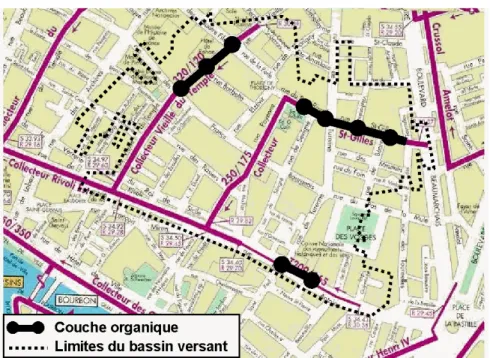 Figure 13: Localisation des dépôts de couche organique dans les collecteurs du Marais (Oms, 2003) 