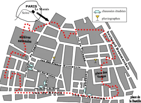 Figure 16 Plan du bassin versant et localisation des rues étudiées (Gromaire, 1998) 