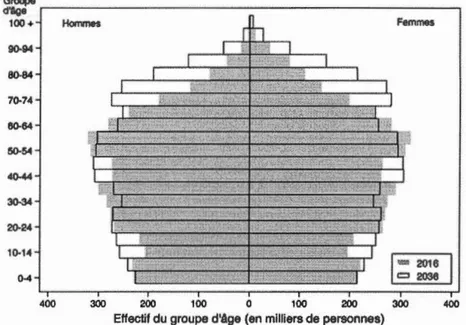 Figure 1.2  Pyramides des âges de la population québécoise, 2016-2036 