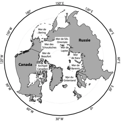 Figure 1. Carte de l'océan Arctique et de ses mers connexes modifiée de Piepenburg (2005)