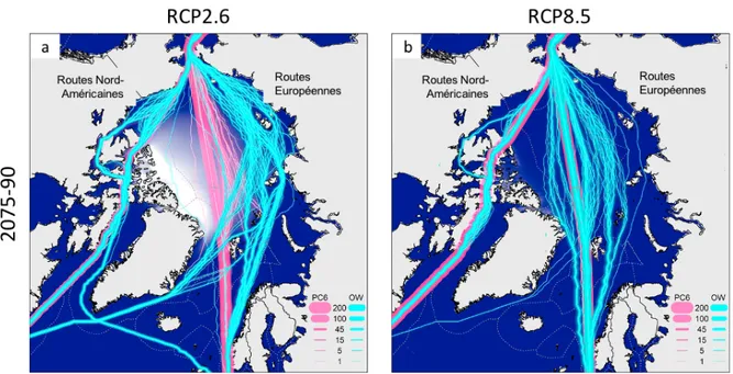 Figure 8. Projections des routes transarctiques les plus rapides sous un scénario RCP2.6 (a) et un  scénario RCP 8.5 (b) pour la période de 2075 à 2090