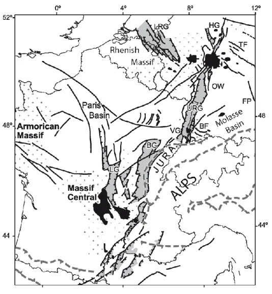 Figure  1-5 :  Localisation  des  cibles  potentielles  d’exploitation  géothermique  haute  température  sur  un  schéma structural de l’ECRIS (European Cenozoic Rift System), d’après Dèzes et al., (2004)