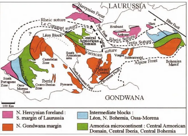 Figure 2-4 : Localisation des affleurements de chaine hercynienne et continents associés (Faure et al., 2008)