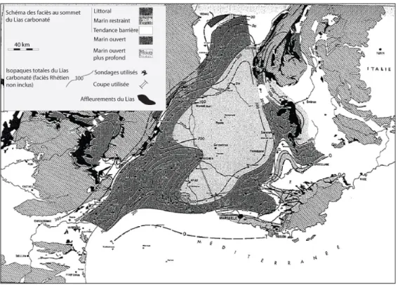 Figure  2-7 :  Carte  d’isopaques  et  d’environnements  de  dépôt  dans  le  bassin  du  SE,  au  sommet  du  Lias  carbonaté (Baudrimont and Dubois, 1977)