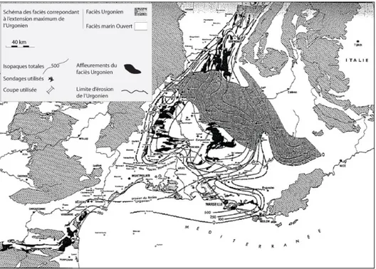 Figure  2-8 :  Carte  d’isopaques  et  d’environnements  de  dépôt  dans  le  bassin  du  SE,  au  sommet  du  Crétacé  inférieur (Baudrimont and Dubois, 1977)