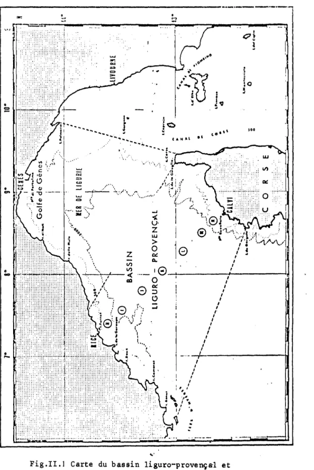 Fig .II .1  Carte  du  bassin  liguro-provençal  et  position  des  stations. 