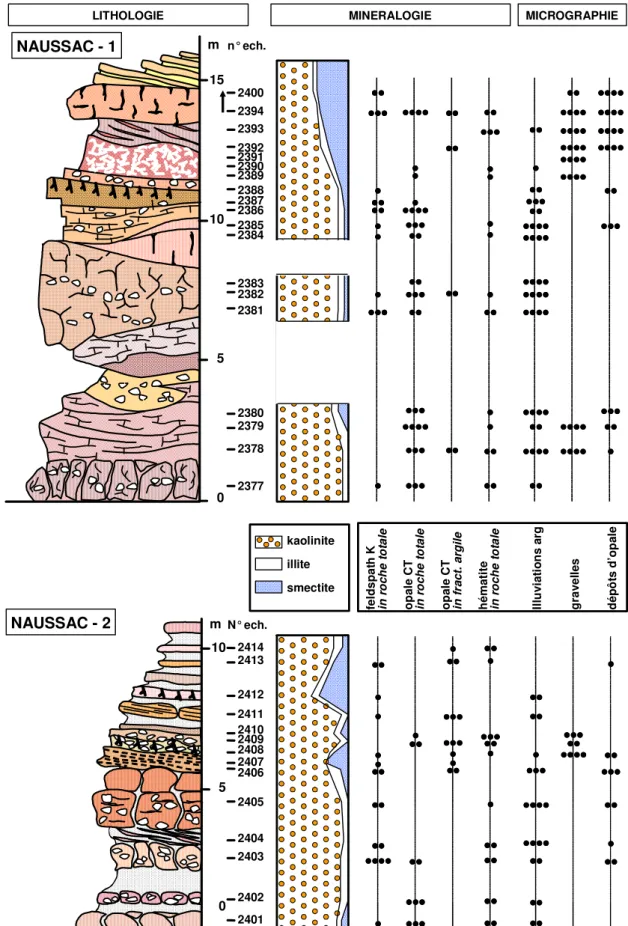 Figure  32  -  Résumé  des  principales  caractéristiques  lithologiques,  minéralogiques  et  micromorphologiques  des  coupes  de  Naussac  (48)