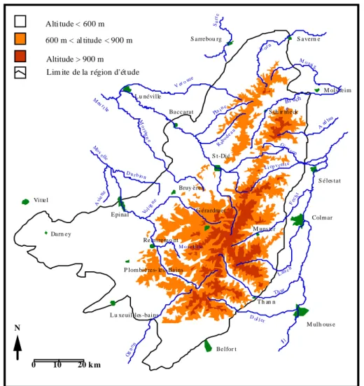 Figure 1. Etudes des sapinières du massif vosgien - région d’étude (d’après Gégout, 1995) Lim ite de la région d'ét ude